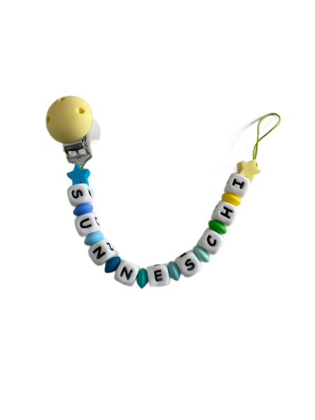 Schnullerkette „Sunneschi“ – Regenbogenfarben mit Stern