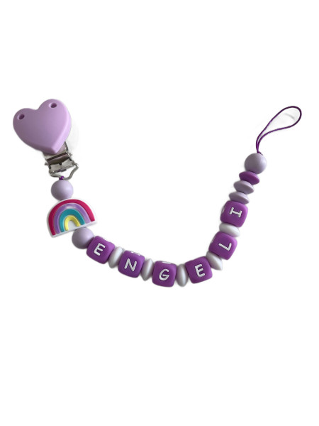 Schnullerkette „Engeli“ – Violett mit Herz und Regenbogen