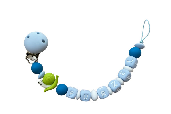 Schnullerkette „Purzel“ mit Schnecke – Blau & Grün