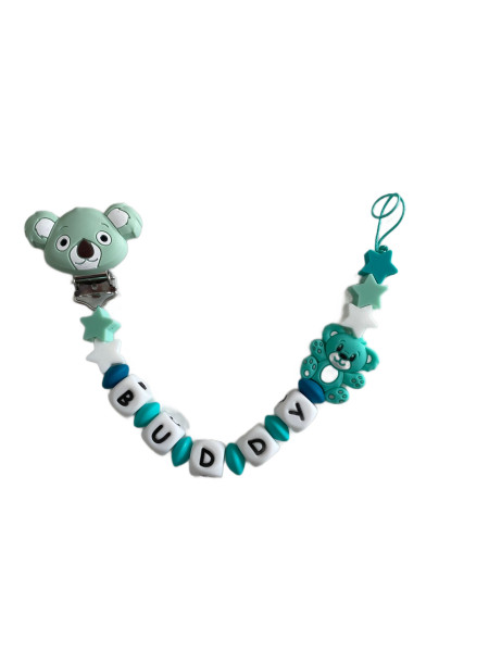 Schnullerkette „Buddy“ – Mintgrün & Blau mit Bärenmotiv