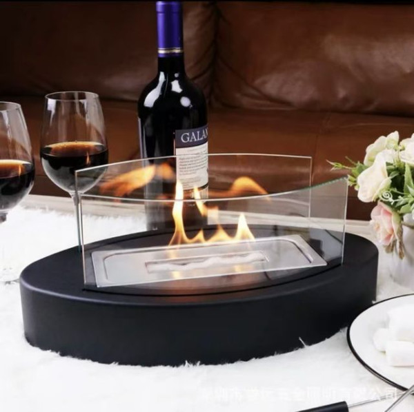 Ovaler Bioethanol-Tischkamin mit gebogenem Sicherheitsglas