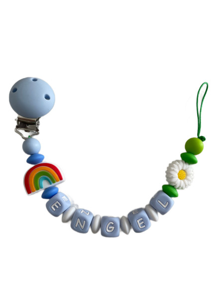 Schnullerkette „Engel“ – Blau mit Regenbogen und Blume