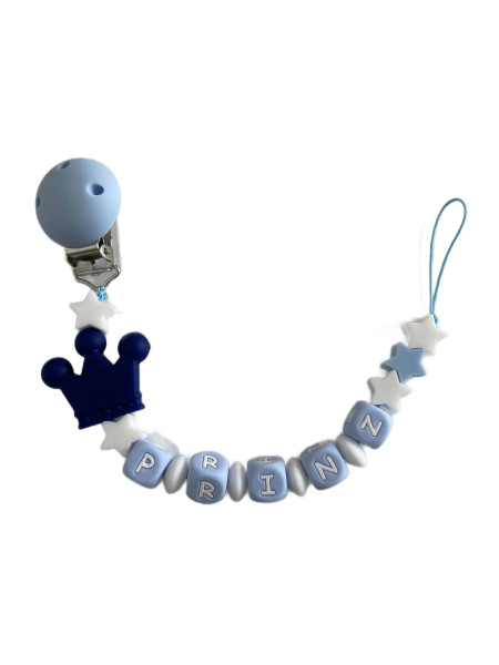 Schnullerkette „Prinz“ – Blau mit Krone und Sternen