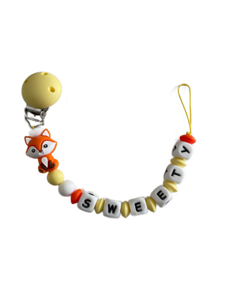 Schnullerkette „Sweety“ – Gelb & Orange mit Fuchsdesign
